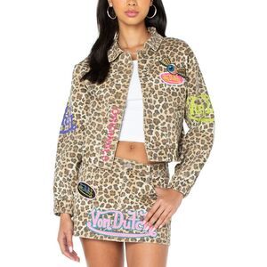 Von Dutch Womens Leopard Graphic Patch Jacket Large Brown Combo - NWT $98